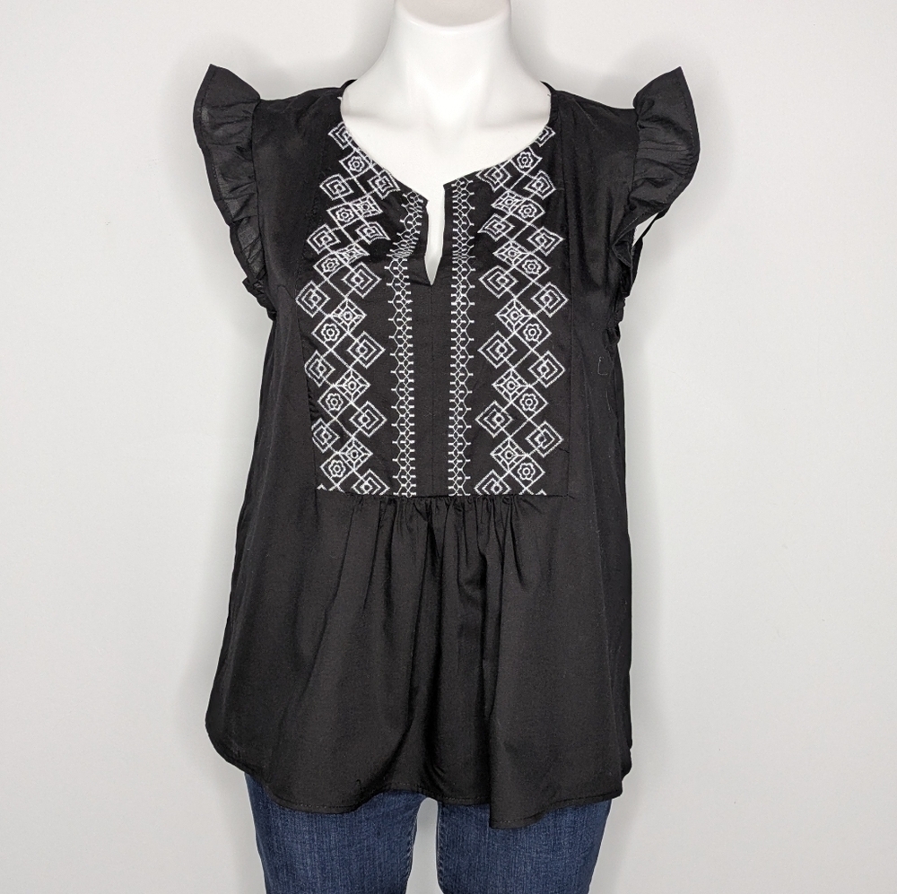 Draper James Black White Embroidered Ruffle Sleeve Blouse S